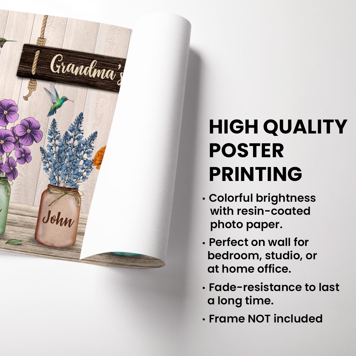 Hummingbird Custom Birth Month Flowers Grandma‘s Garden Personalized Horizontal Poster