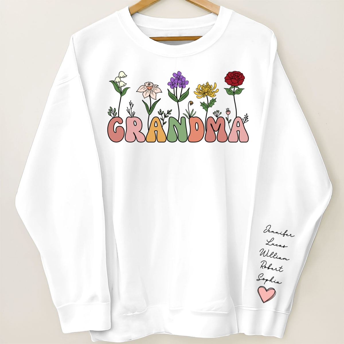 Grandma Retro Birth Month Flower Gift Personalized Sleeve Printed Sweatshirt