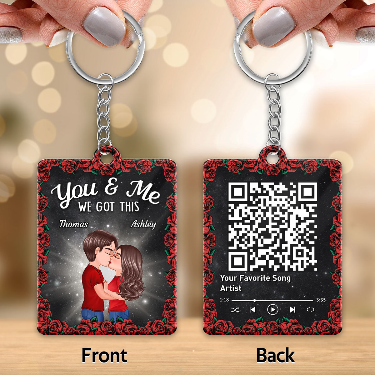 Roses Doll Couple Kissing Favorite Song Scannable QR Code Personalized Acrylic Keychain
