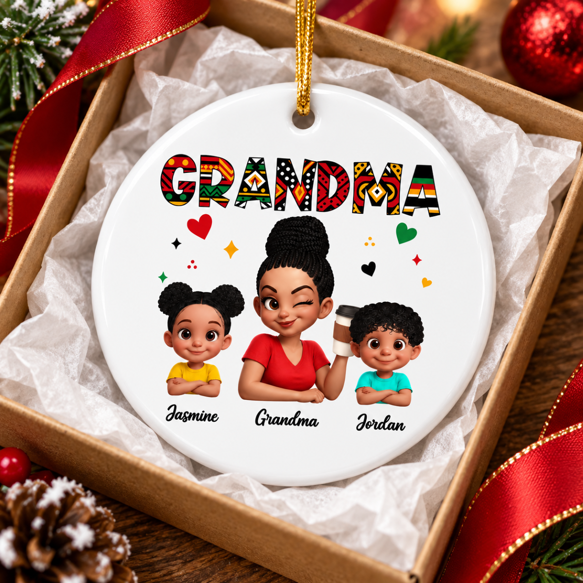 Tribal Pattern Grandma Grandkids Love - Personalized Circle Ornament - Gift For Grandma