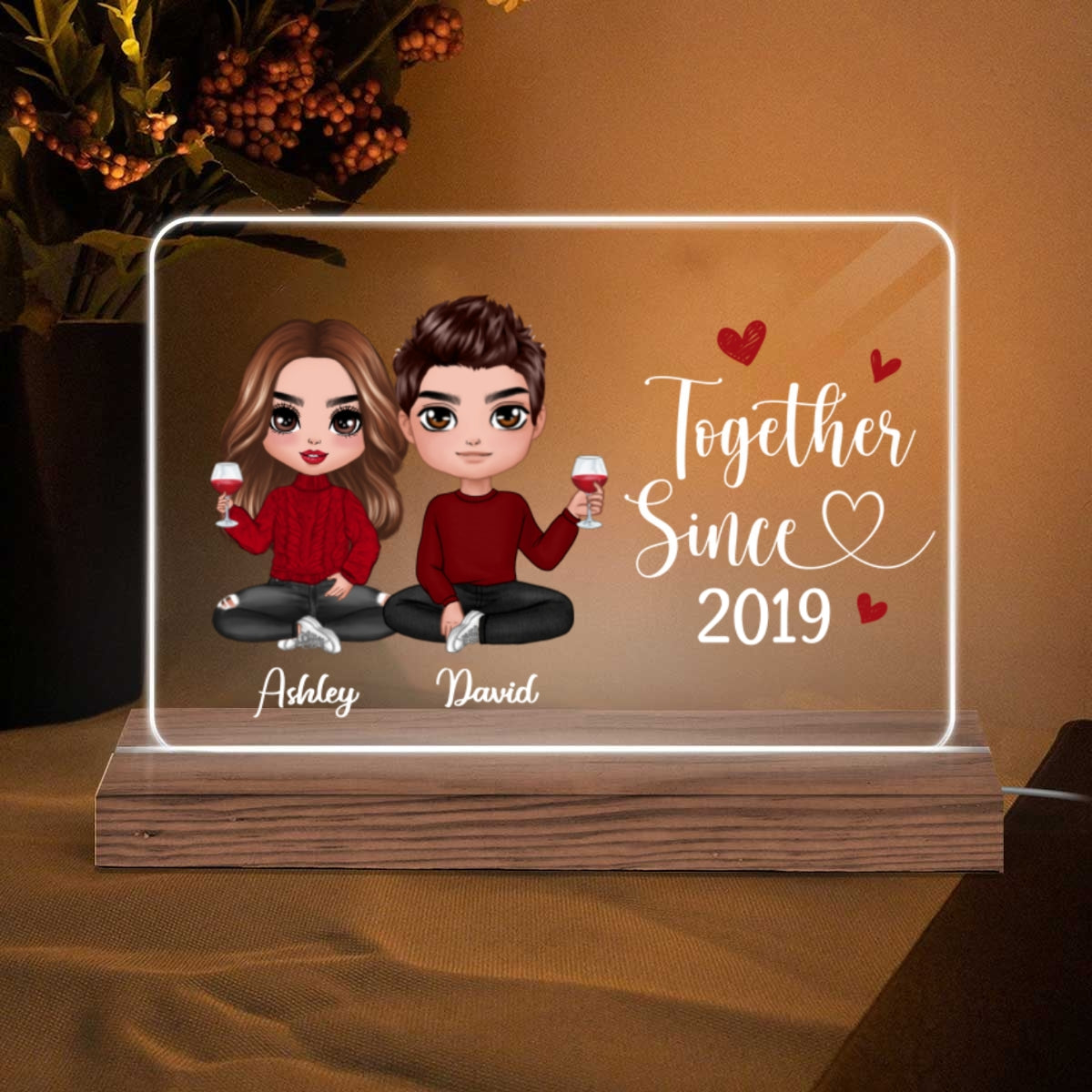 Doll Couple Sitting Gift For Him Gift For Her Personalized Custom Shape Acrylic Plaque LED Night Light