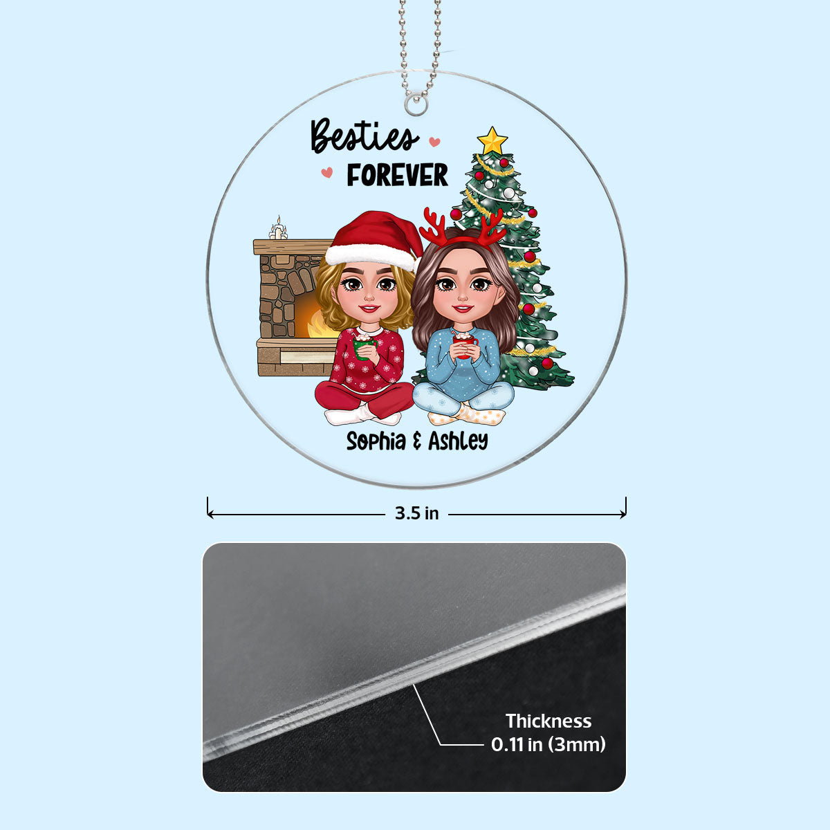 Besties Doll Sitting Together Christmas Tree Fireplace Personalized Acrylic Ornament
