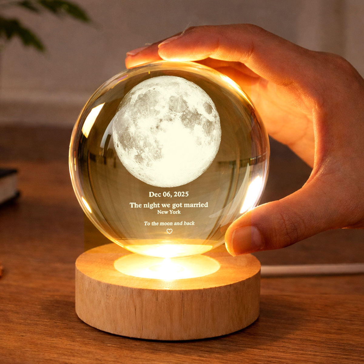 Couple Love to the Moon and Back Moon Phase by Date - Personalized Crystal Ball LED Night Light - Sentimental Valentine's Day Gift for Her, for Him
