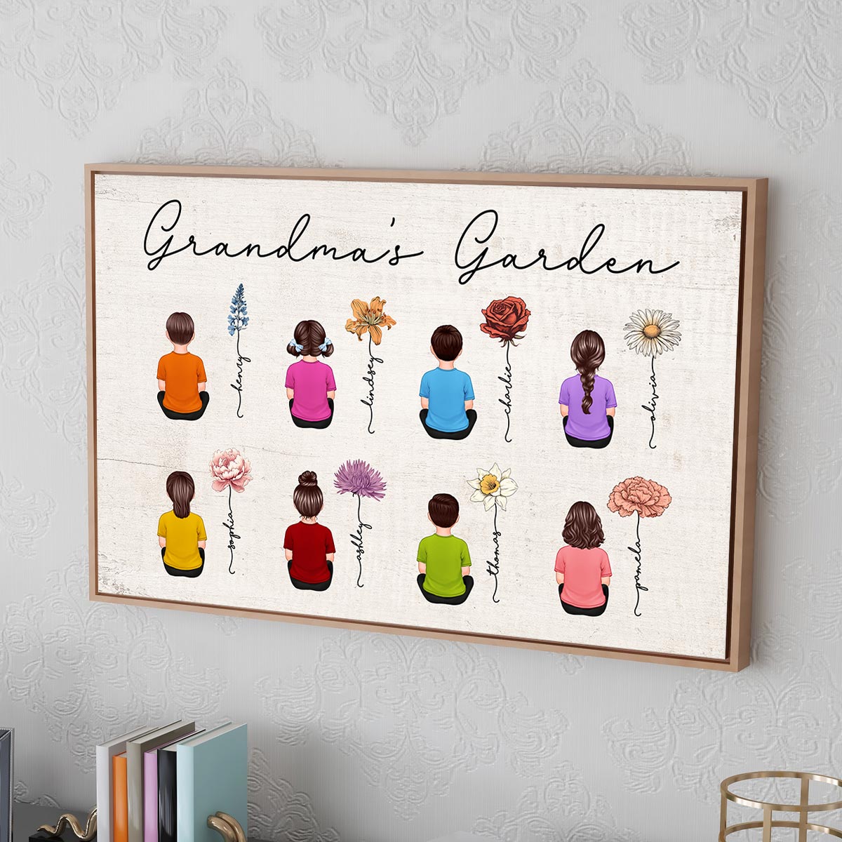 Vintage Birth Month Flowers Garden With Grandkids Names Personalized Poster, Perfect Gift For Grandma Mom Auntie