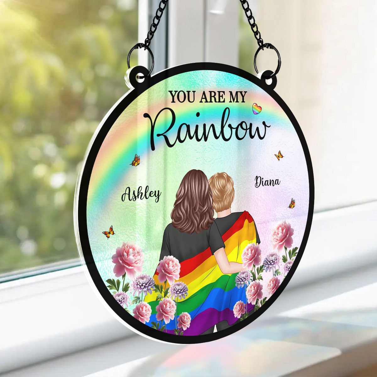 Pride Month LGBT Couple Birth Month Flowers Personalized Suncatcher, Gift For Couple