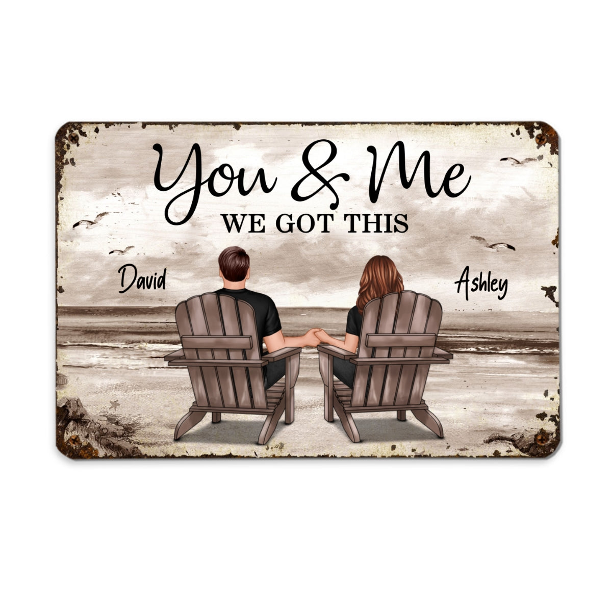Retro Vintage Back View Couple Sitting Beach Landscape Personalized Metal Sign