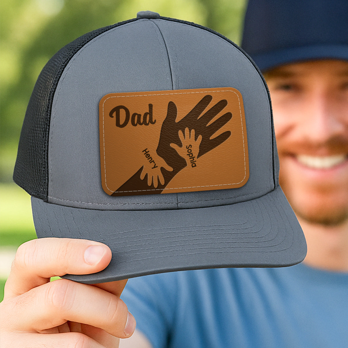 Dad Grandpa Kids Hands Personalized Leather Patch Hat, Father's Day gift