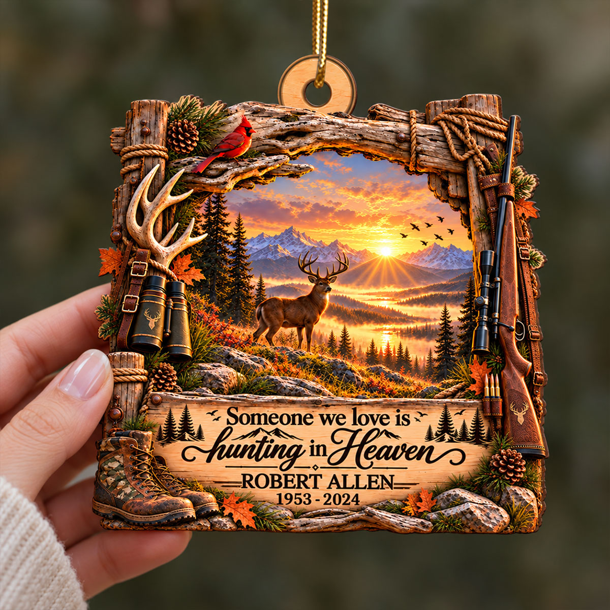 Hunting In Heaven Deer Hunting 2D Flat - Personalized Wooden Ornament - Memorial Sympathy Gift