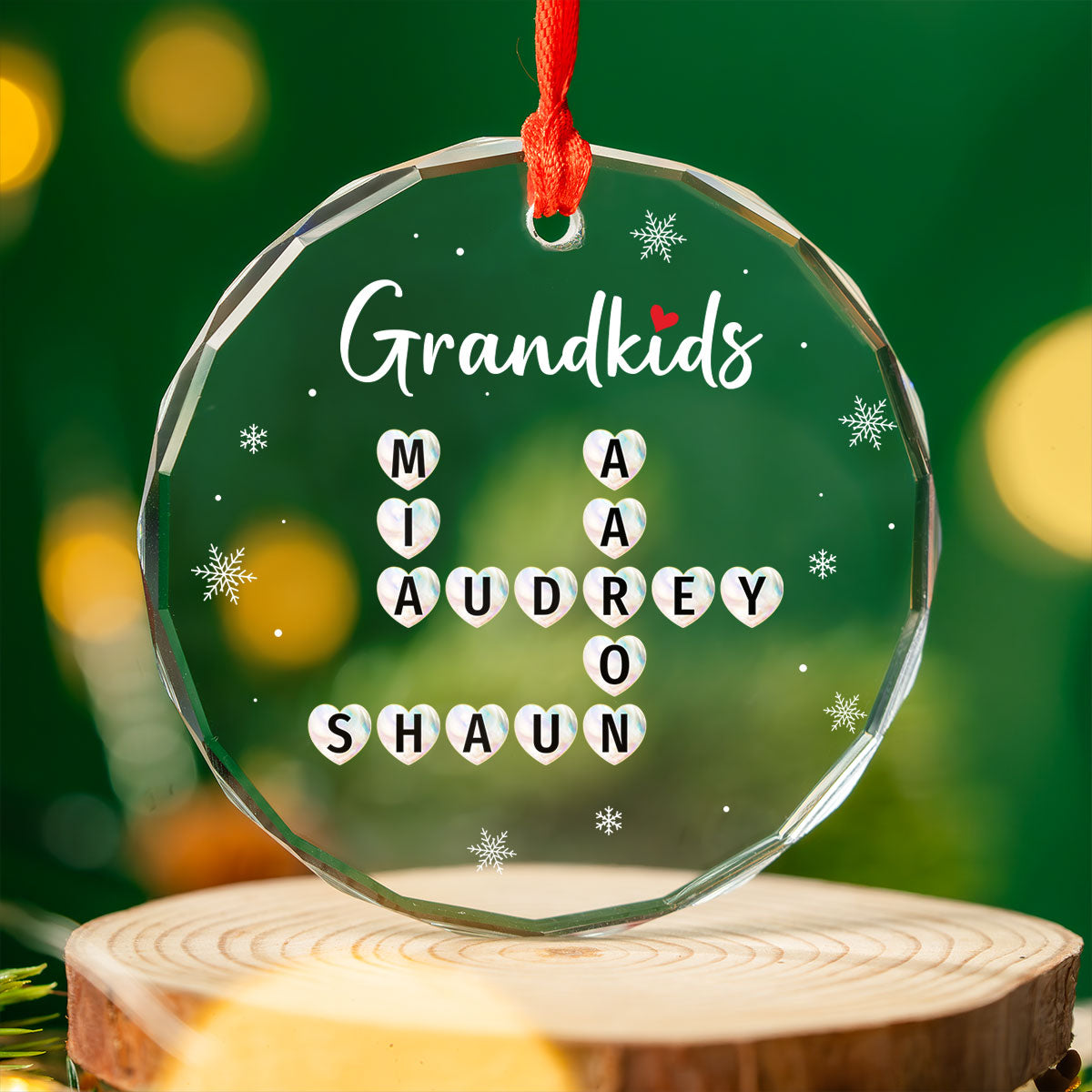 Grandkids Heart Crossword Art Puzzle Personalized Glass Ornament, Gift For Grandma Grandparents