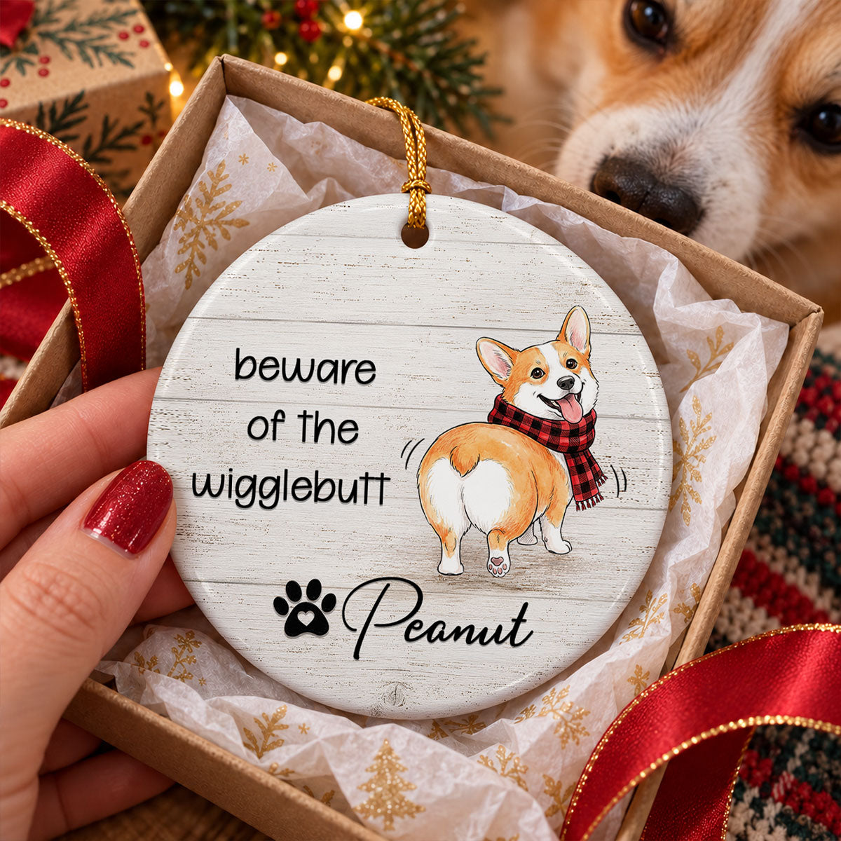 Beware of the Wigglebutt - Personalized Ceramic Ornament - Christmas Gift for Dog Cat Moms