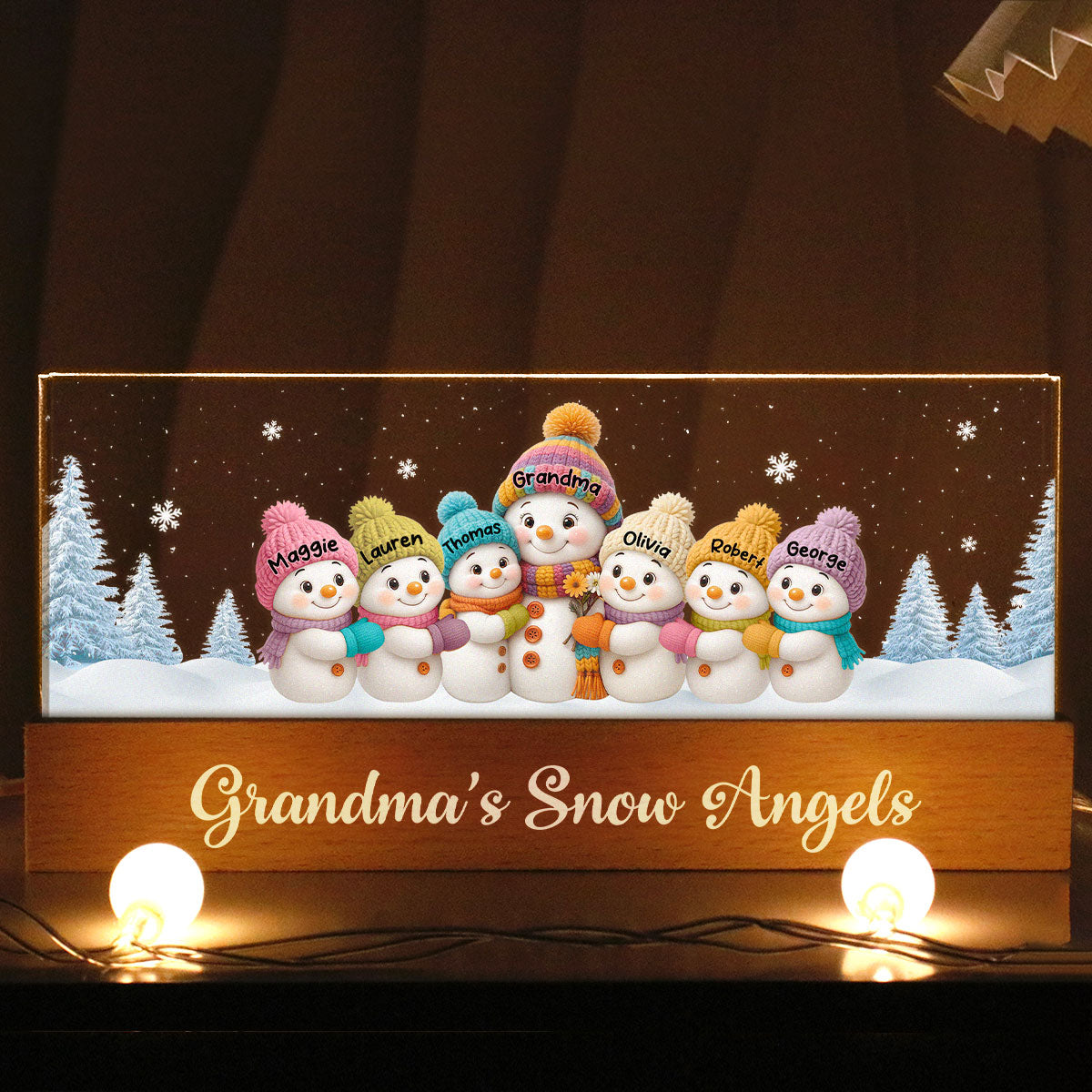 Grandma Snow Angels Snowman - Personalized Block LED Night Light - Christmas Gift for Grandmas