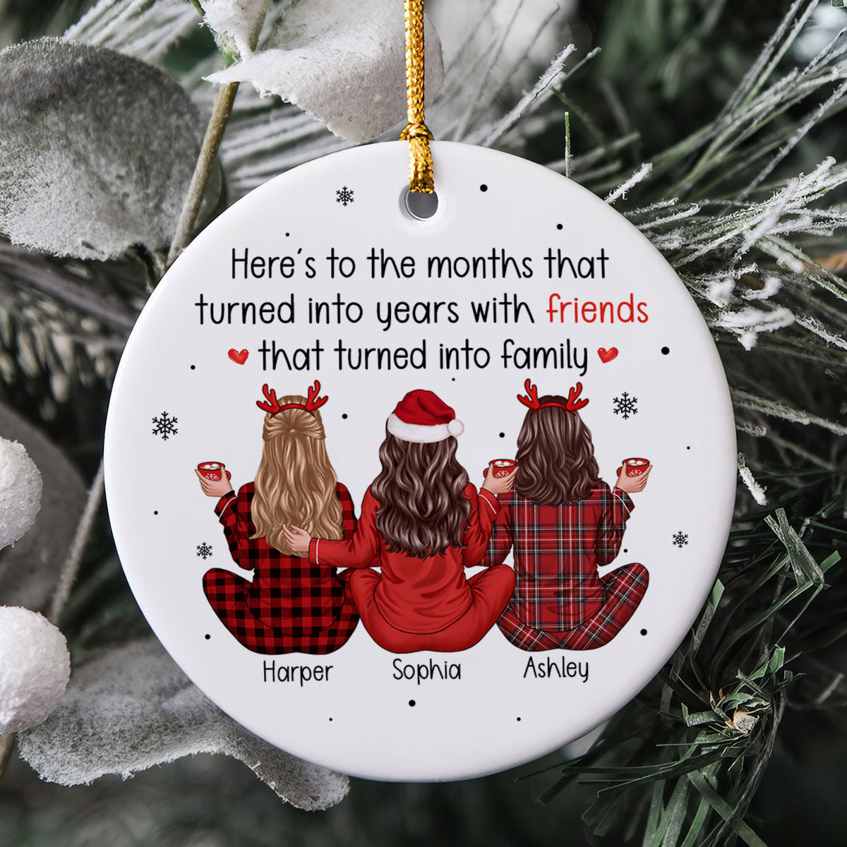 Back View Pajamas Besties Months Turned to Years, Friends Turned to Family Personalized Ceramic Ornament, Christmas Gift For Besties, Best Friends, BFF