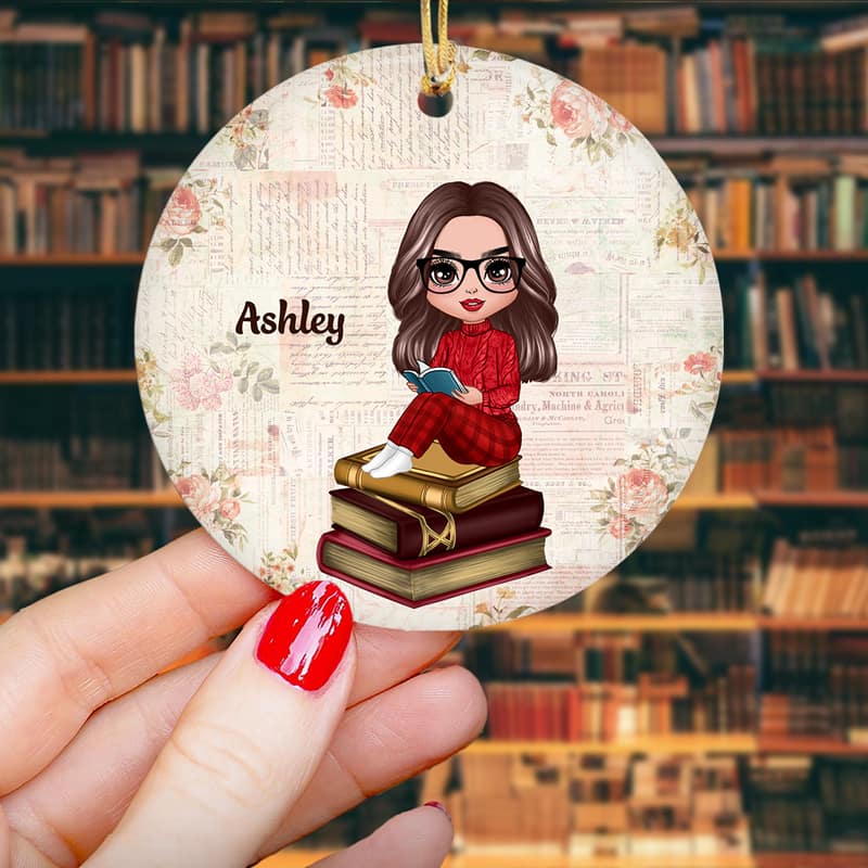 Reading Girl Sitting On Books Personalized Circle Ornament