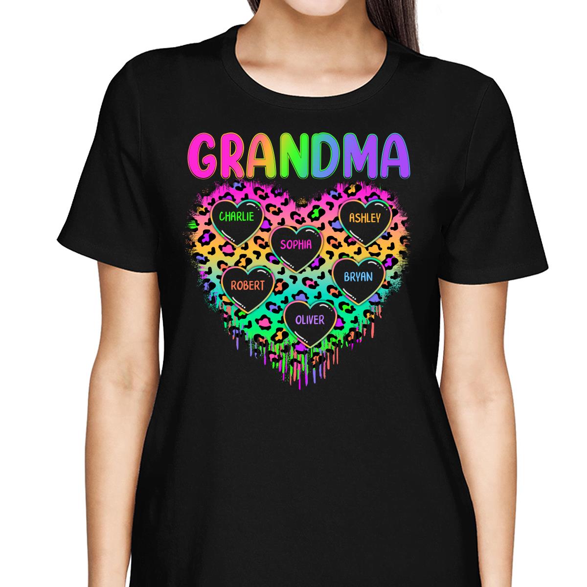 Neon Leopard Grandma Hearts In Hearts Grandkids Names Personalized Shirt