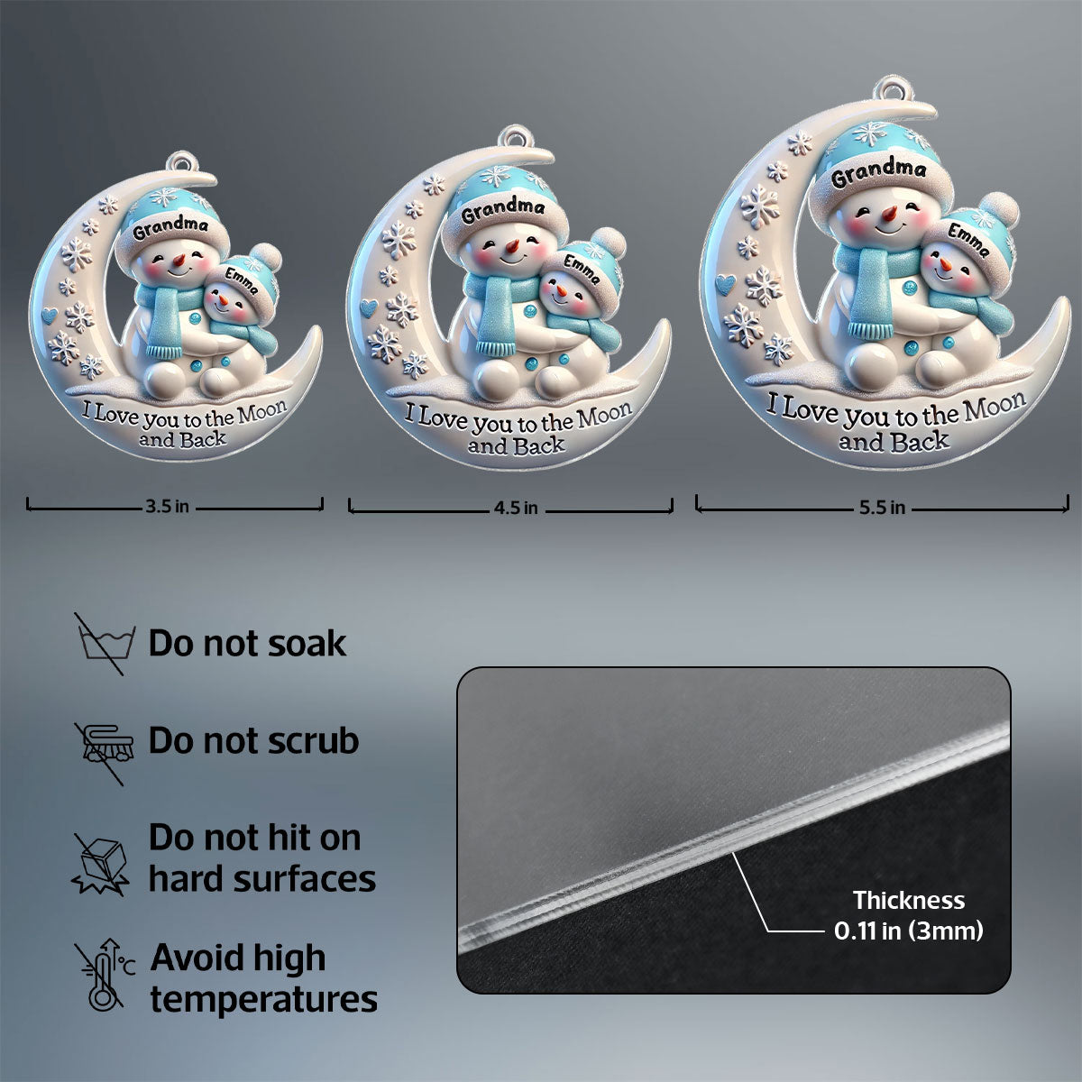 3D Effect Cute Snowmen Grandma & Hugging Grandkid On The Moon Personalized Acrylic Ornament, Christmas Gift For Granddaughter, Grandson