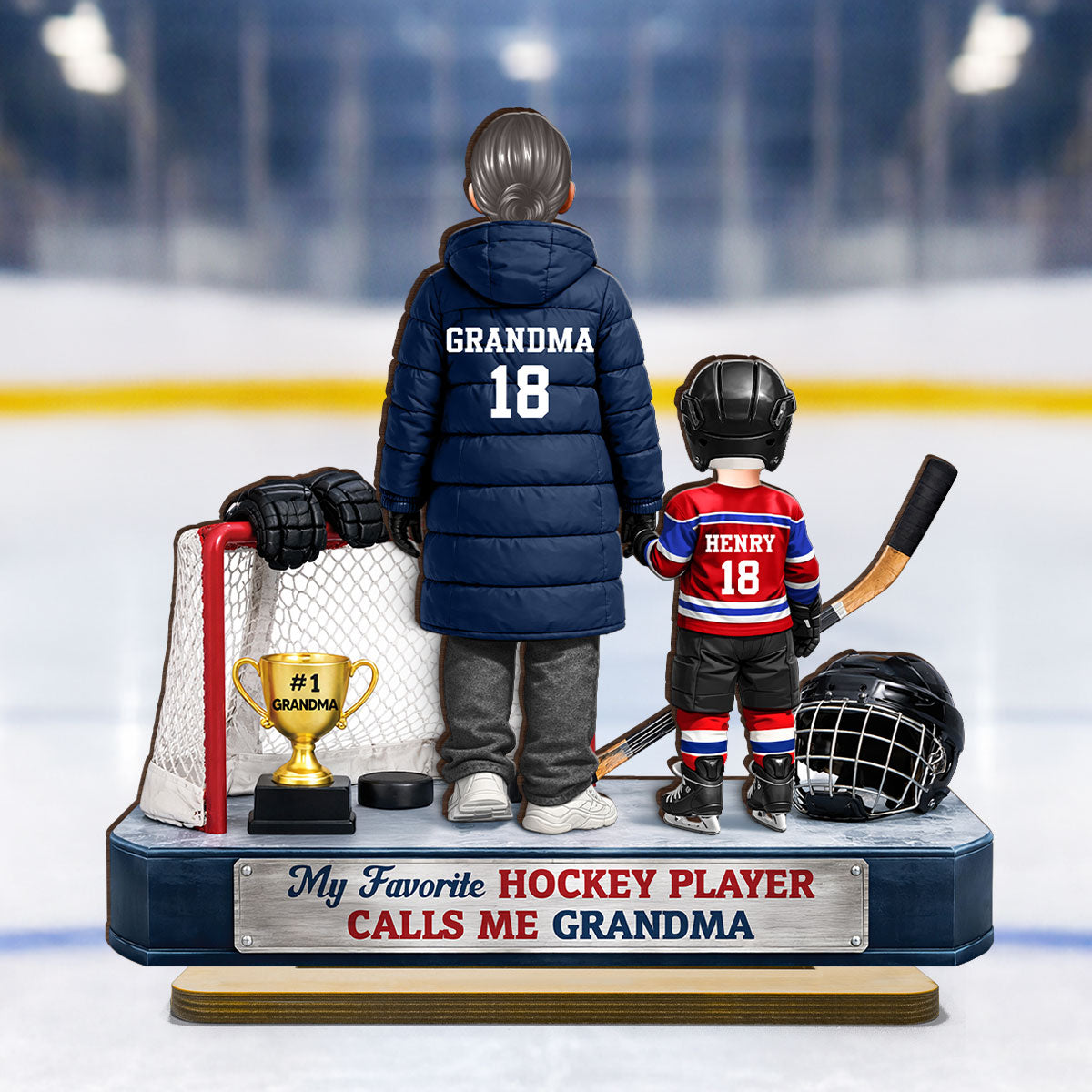 Grandma Hockey And Grandkids - Personalized 2-Layered Wooden Plaque - Heartfelt Gift For Grandma