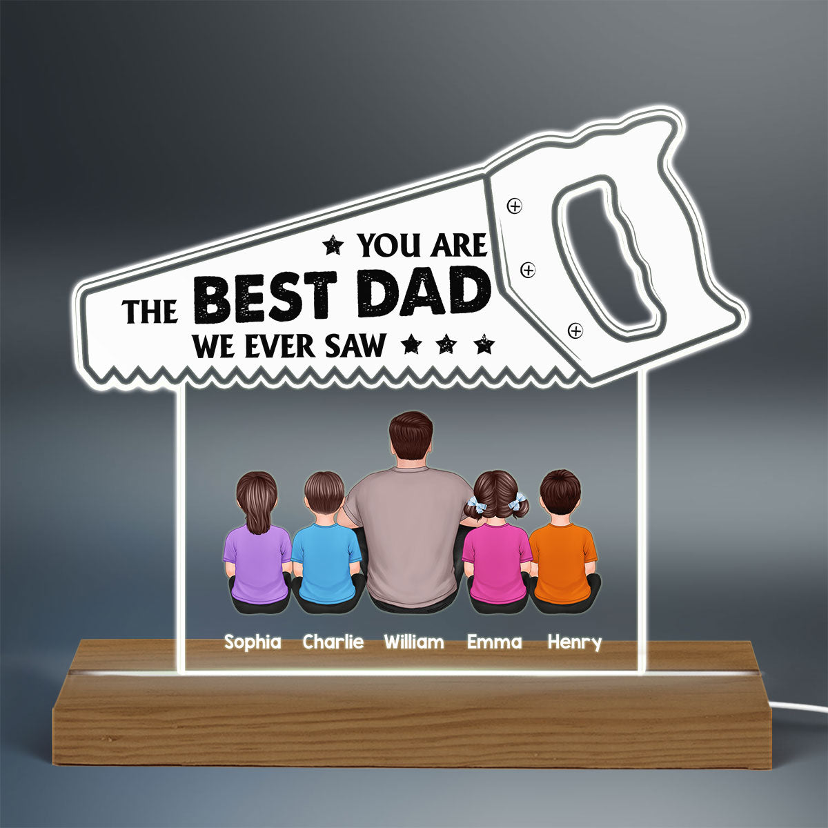 Best Dad We Ever Saw Back View Man Kids Dog Cat Father‘s Day Gift Personalized Warm Custom Shape Acrylic Plaque LED Night Light