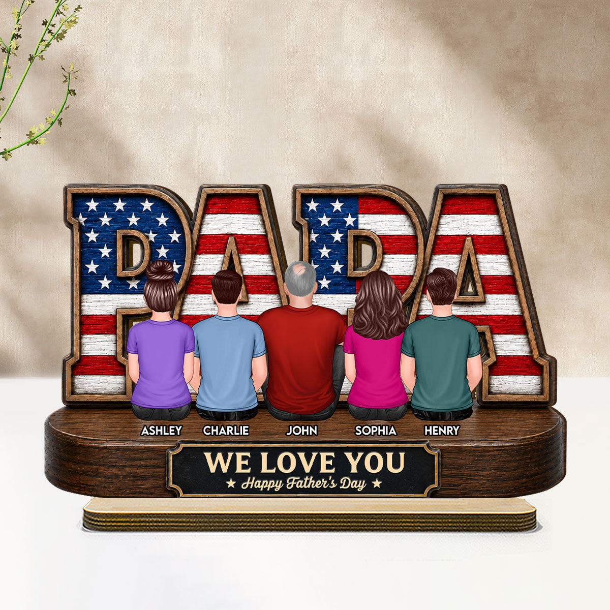 Proud Papa Grandpa Nation Flag Grandpa Dad And Kids - Personalized 2-Layered Wooden Plaque - Father's Day Gift For Dad, Husband