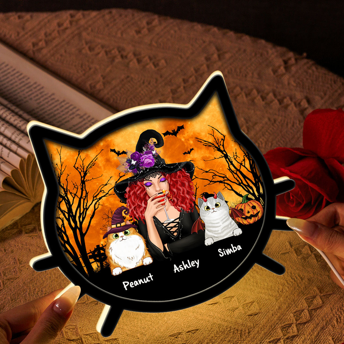 Spooky Halloween Theme Cat Mom Cat Face Personalized LED Light Box