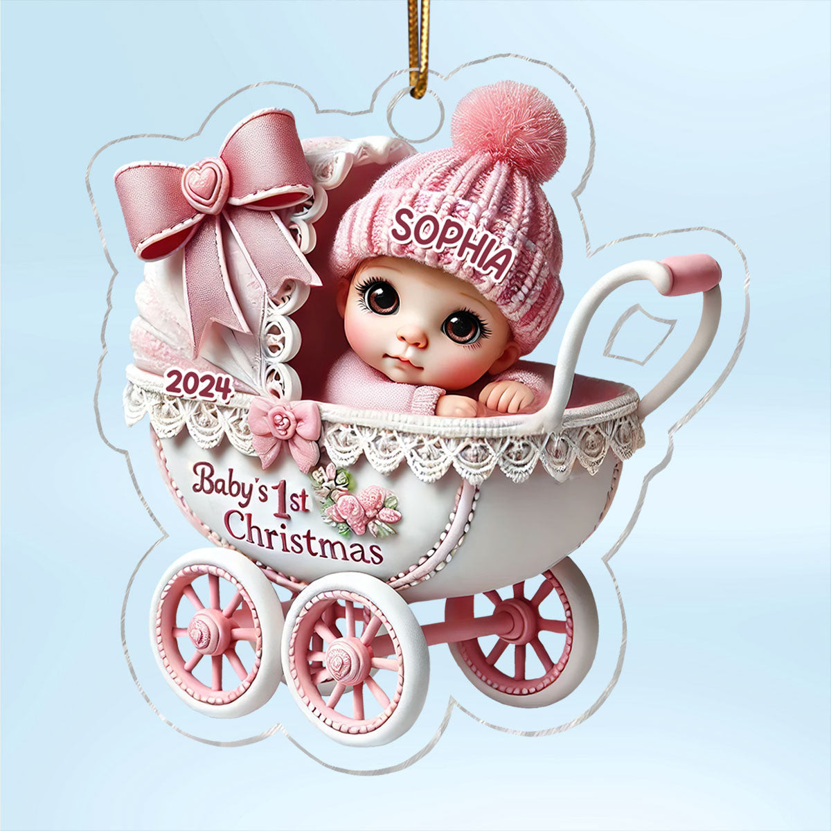 3D Effect Newborn Baby In Carriage Christmas Personalized Acrylic Ornament, Christmas Gift For Newborns, New Parents