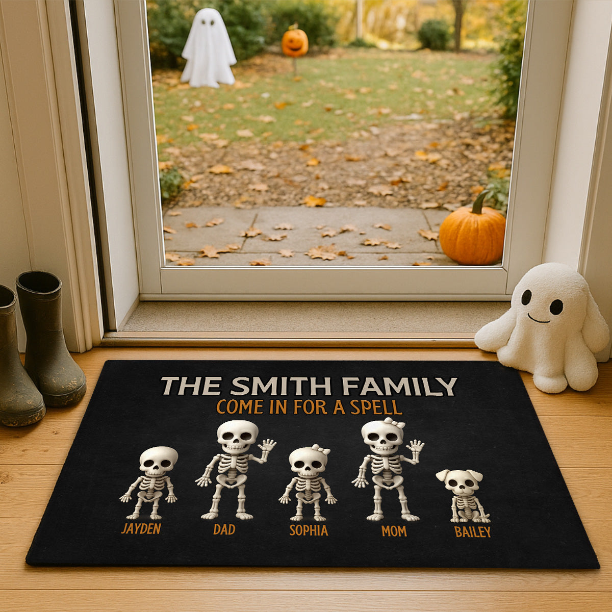 3D Effect Halloween Spooky Funny Skeleton Family - Personalized Doormat