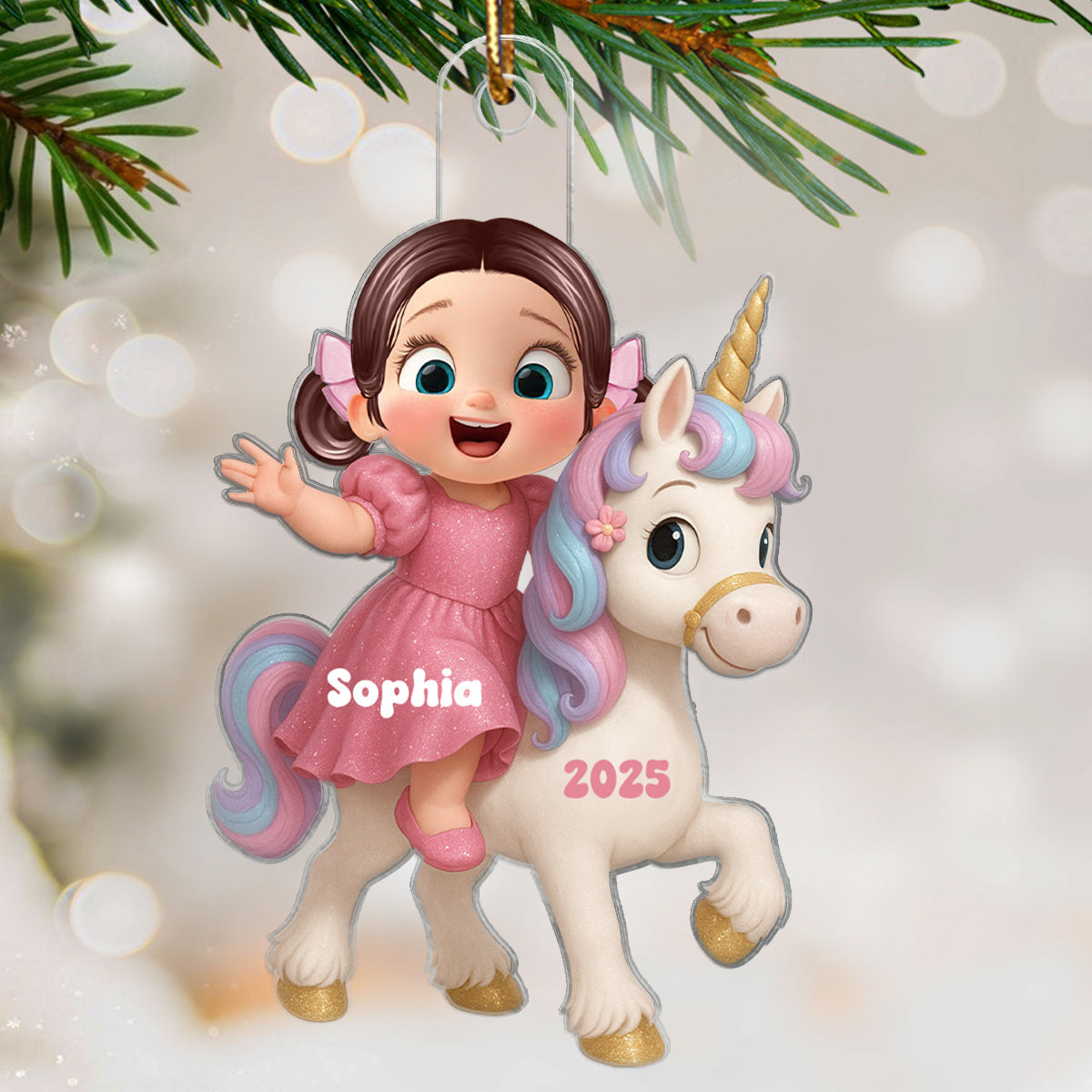 3D Effect Cute Cartoon Kid With Unicorn Christmas Personalized Flat Acrylic Ornament, Fun & Beautiful Gift For Kids, Grandkids