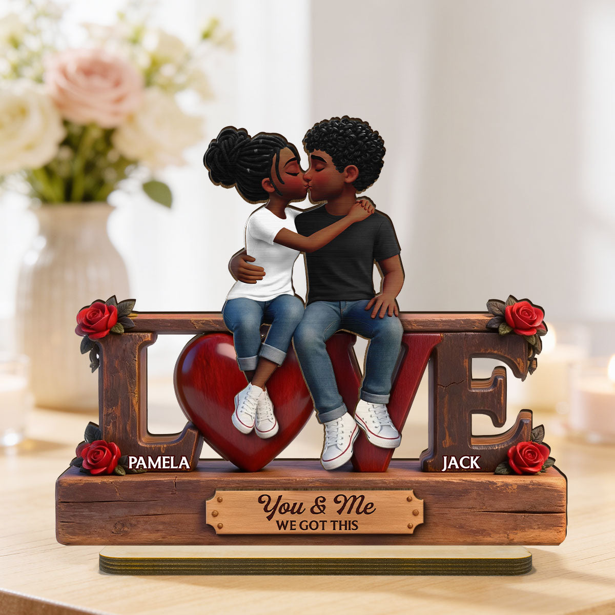 Roses LOVE Couple Sitting Kissing - Personalized 2-Layered Wooden Plaque - Heartfelt Gift For Couple, For Him, For Her