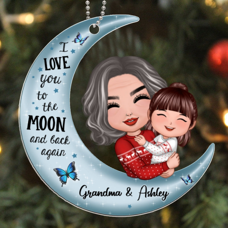 Christmas Doll Grandma & Kid Hugging On Moon Christmas Gift Personalized Acrylic Ornament