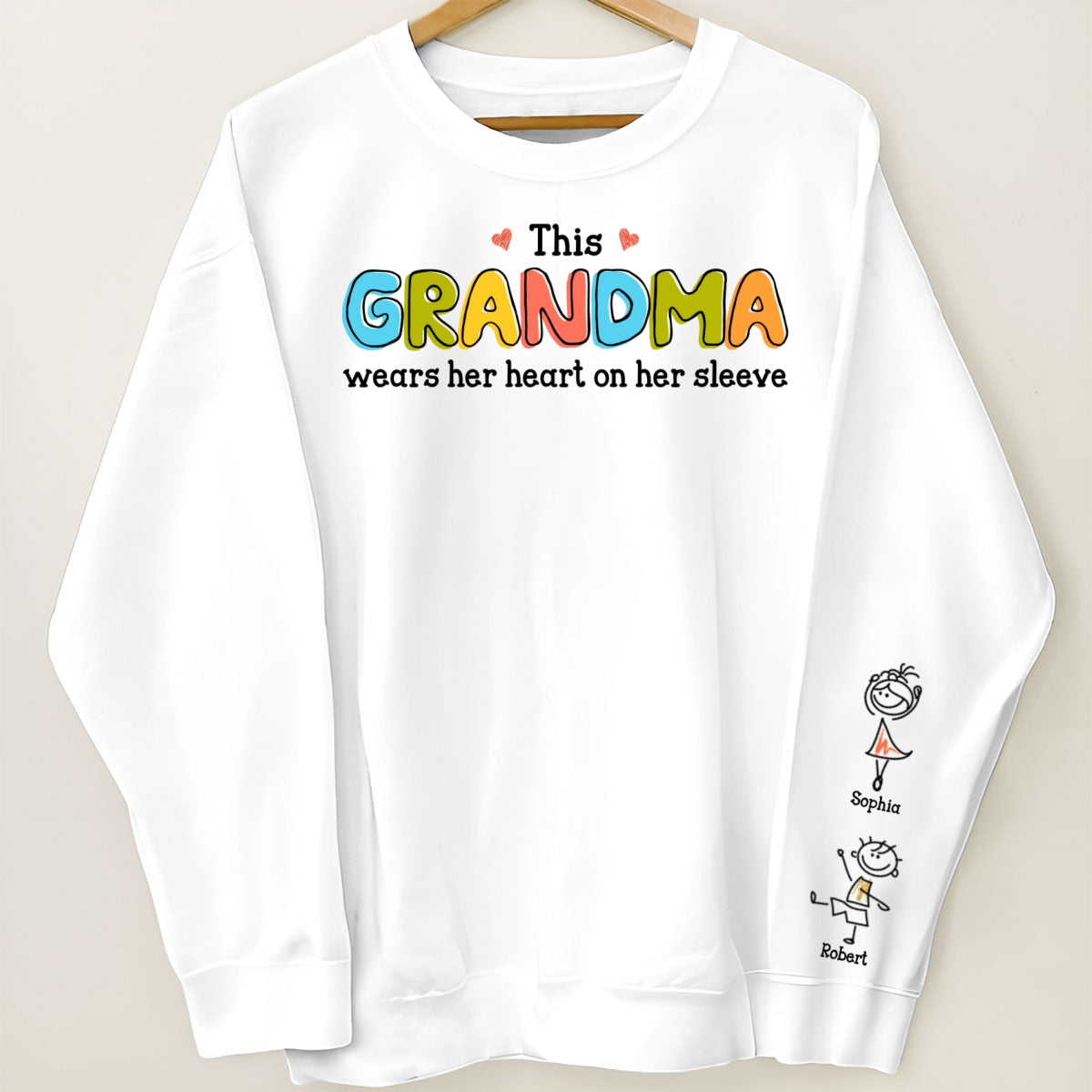 This Grandma Wears Her Heart On Her Sleeve Personalized Sleeve Printed Sweatshirt, Gift For Grandma