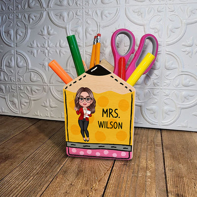 Doll Teacher Vertical Pencil Personalized Pen Pencil Holder, Back To School Gift