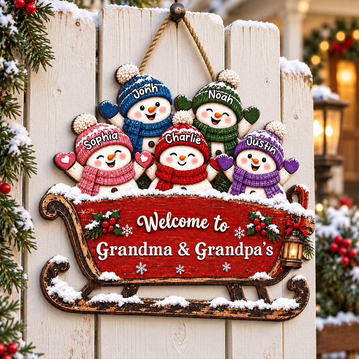 Grandkids Snowman On Sleigh 2D Flat Printed - Personalized Wood Sign - Christmas Decor For Grandparents