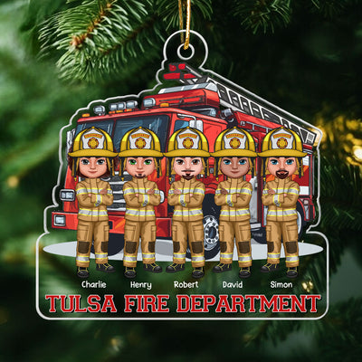 Firefighter Group Squad In Front Of Fire Truck Personalized Acrylic Ornament