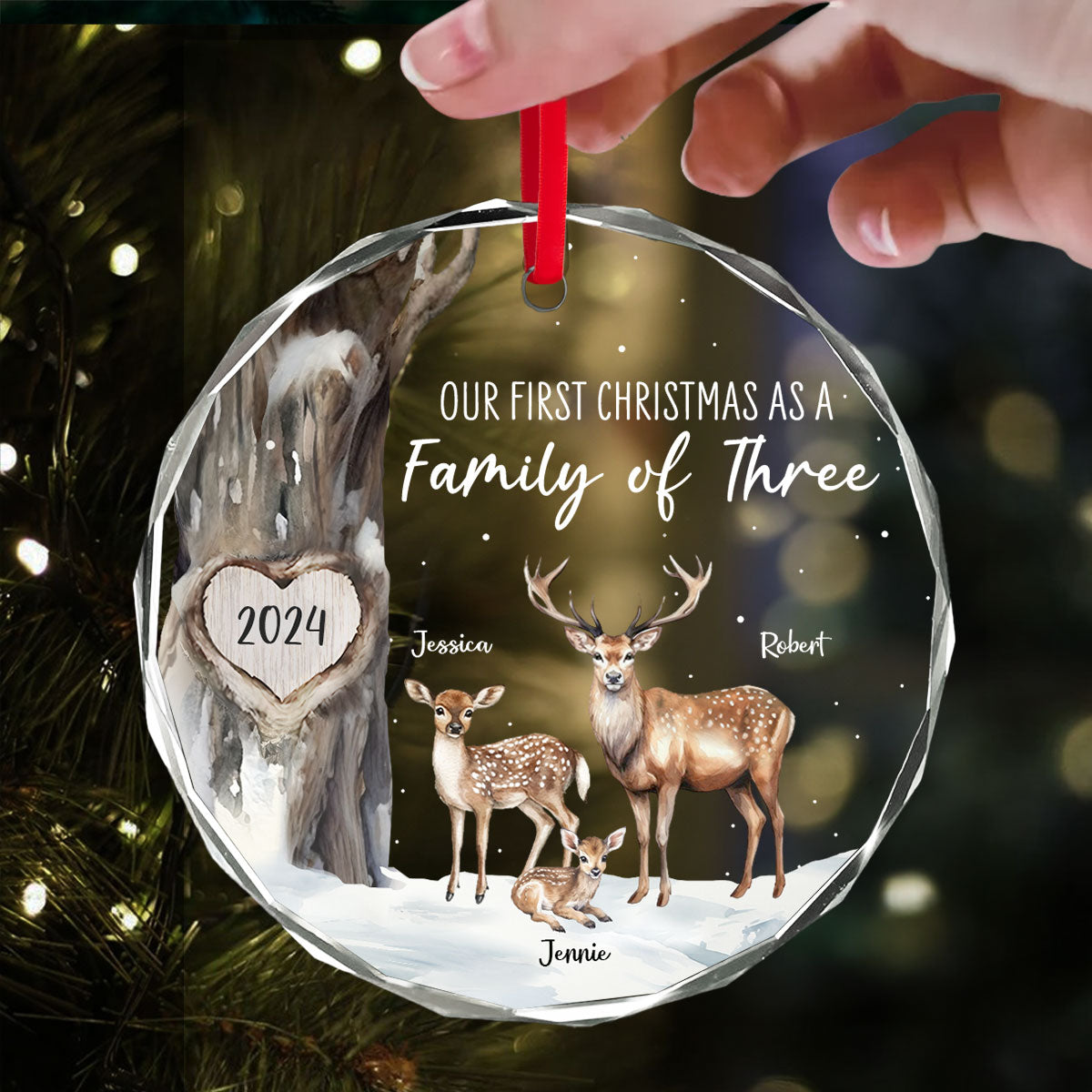 First Christmas As Family Of Three Deers Personalized Glass Ornament