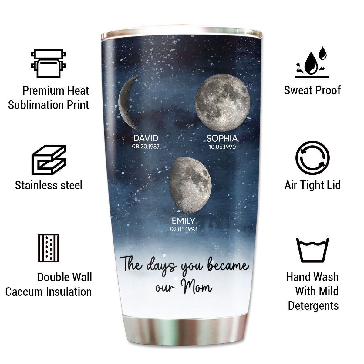 Starry Night Custom Birth Moon Phase The Day You Became Mom Personalized Tumbler, Gift