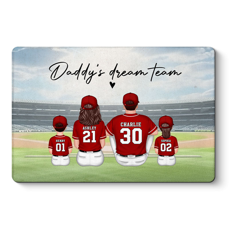 Daddy's Team Baseball Family Sitting Personalized Doormat, Father's Day Gift For Dad, Grandpa, Husband