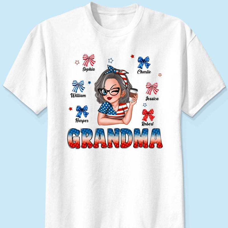 4th Of July Bows Coquette Grandma With Grandkids Names Personalized Shirt