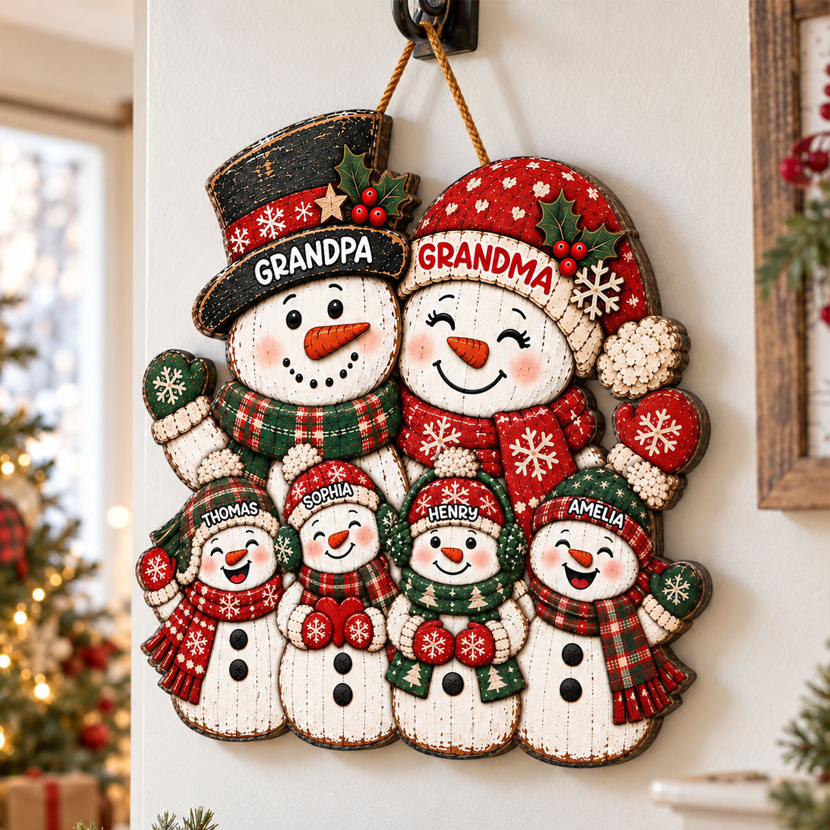 Festive Snowman Grandpa Grandma Grandkids - Personalized Wood Sign - Christmas Decor For Grandparents