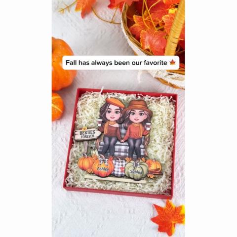 Fall Season Besties Sitting Pumpkins Personalized 2-Layer Standing Wooden Plaque| Fall Season Gift For Best Friends