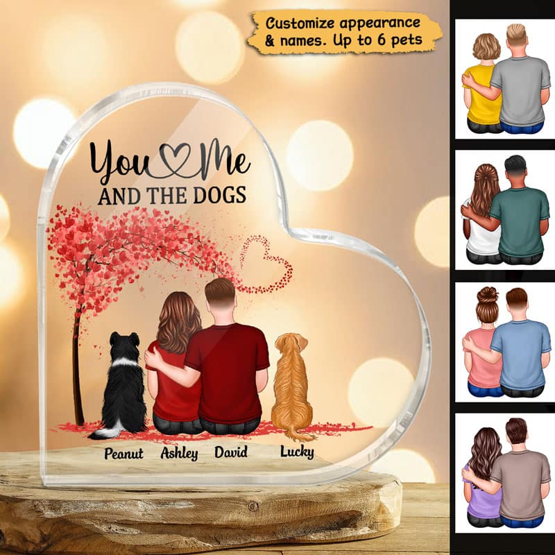 Couple Sitting Back View You Me & The Dog Cat Pets Personalized Heart Plaque