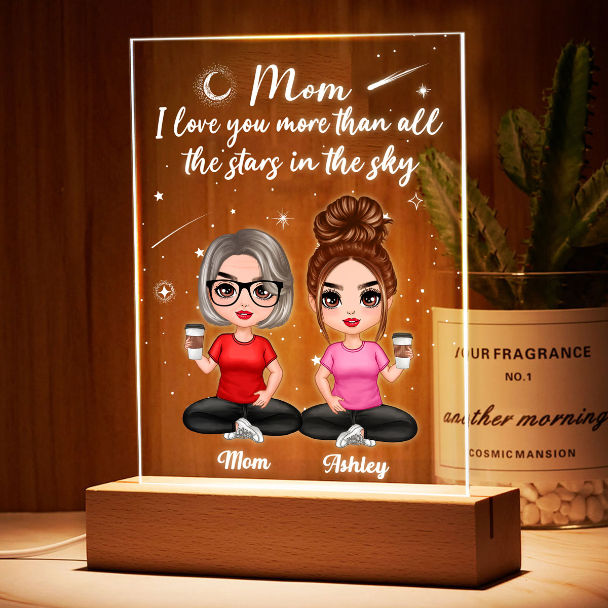 Love You More Than All The Stars Galaxy Doll Mother And Daughters Sons Personalized Rectangle Acrylic Plaque LED Night Light