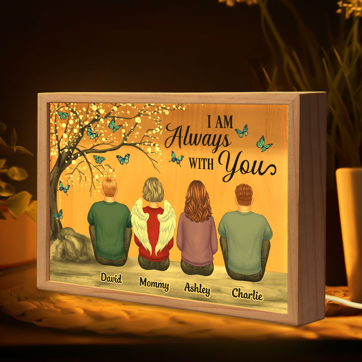 Always With You Family Dad Mom Kids Dogs Cats Blossom Tree Memorial Remembrance Sympathy Gift Personalized Wooden Frame Light Box