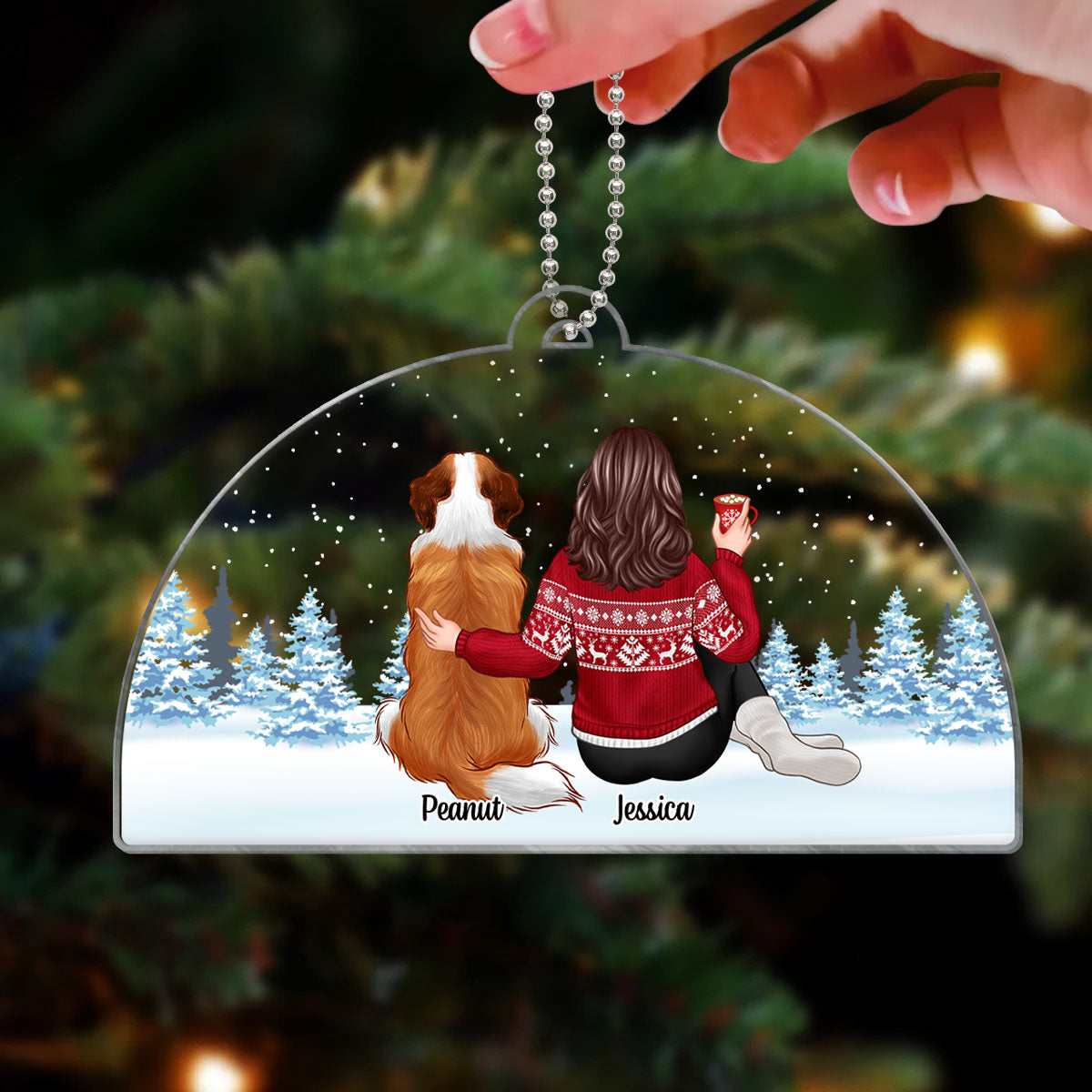 Woman And Dogs Sitting Back View Personalized Acrylic Ornament, Christmas Gift For Dog Mom
