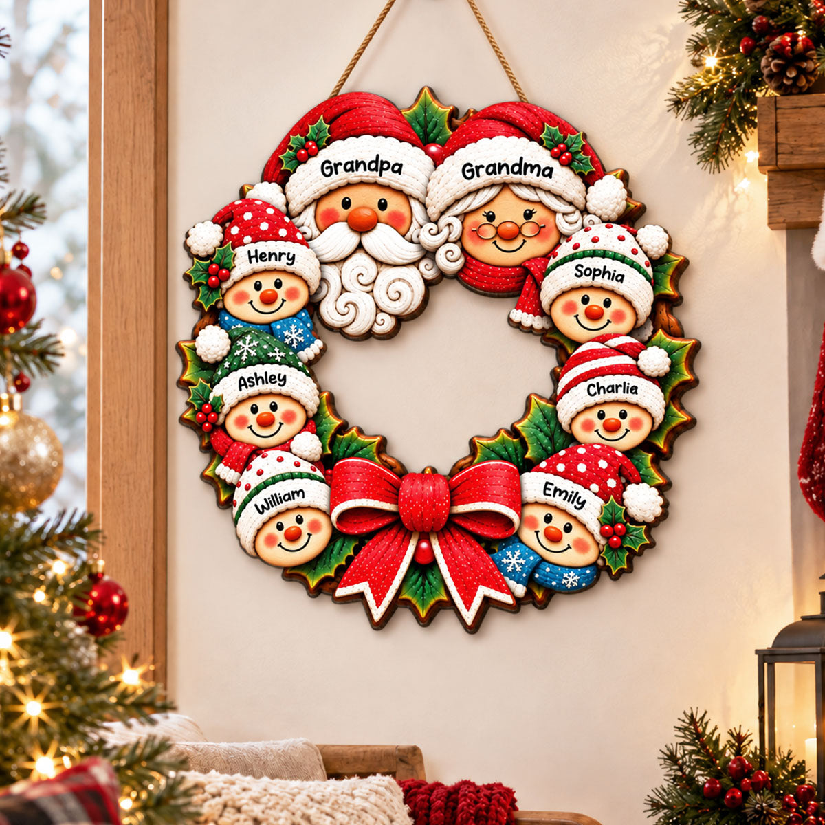 Custom Grandkids Wreath - Personalized Wood Sign - Christmas Decoration For Porch, Door, Window
