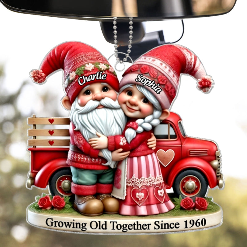 3D Effect Gnome Old Couple And  Truck Personalized Car Hanger Ornament,  Gift For Couple, For Him, For Her, Husband, Wife