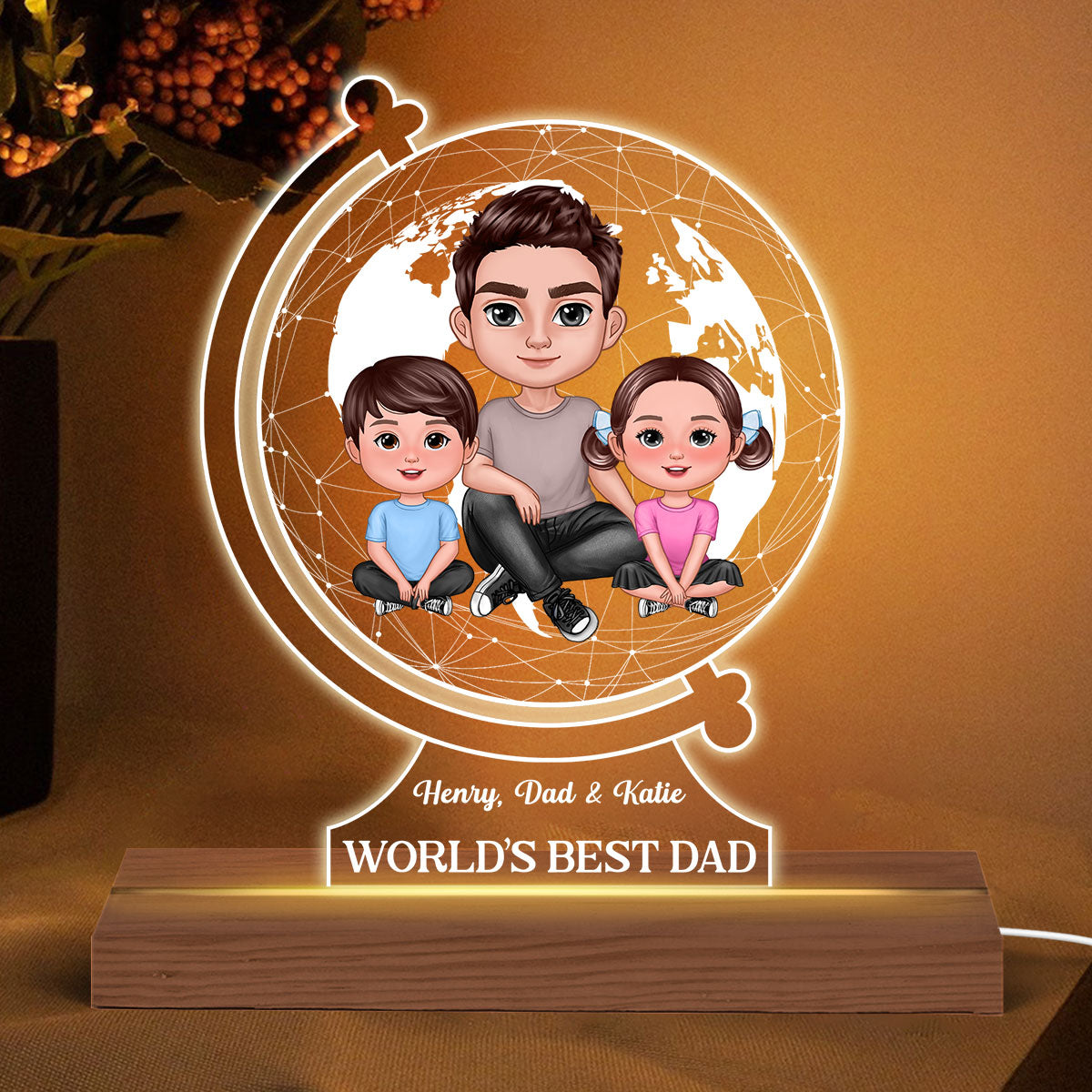 World‘s Best Dad Globe Shape Personalized Warm Acrylic Custom Shape LED Night Light