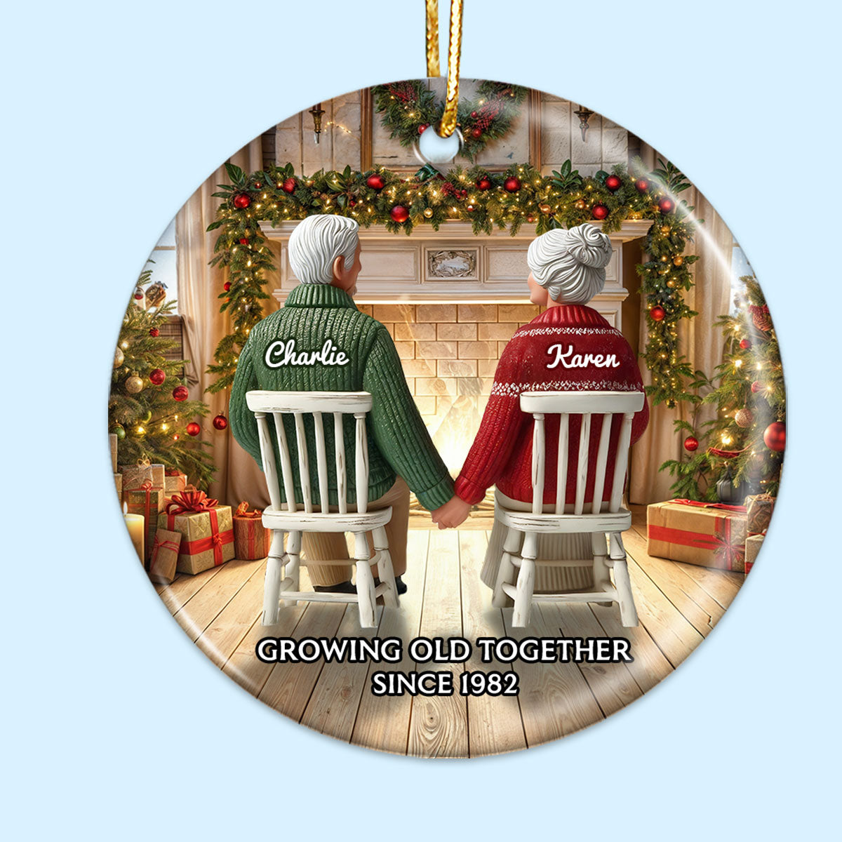 Back View Old Couple Growing Old Together Christmas Personalized Ceramic Ornament, Christmas Gift For Him, For Her, Husband, Wife