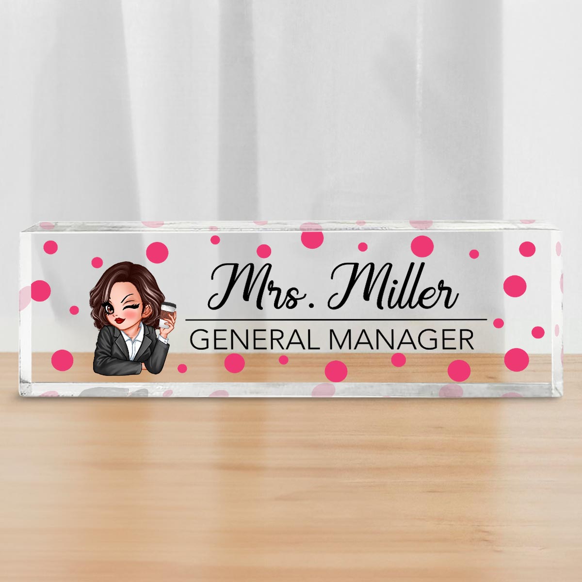 Polka Dot Woman Personalized Acrylic Desk Name Plate, Office Desk Decor, Gift For Colleagues, Coworkers, Boss