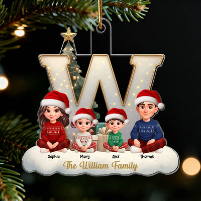 3D Effect Christmas Family Name Initial Beautiful Family Together - Personalized Acrylic Ornament - Gift For Family