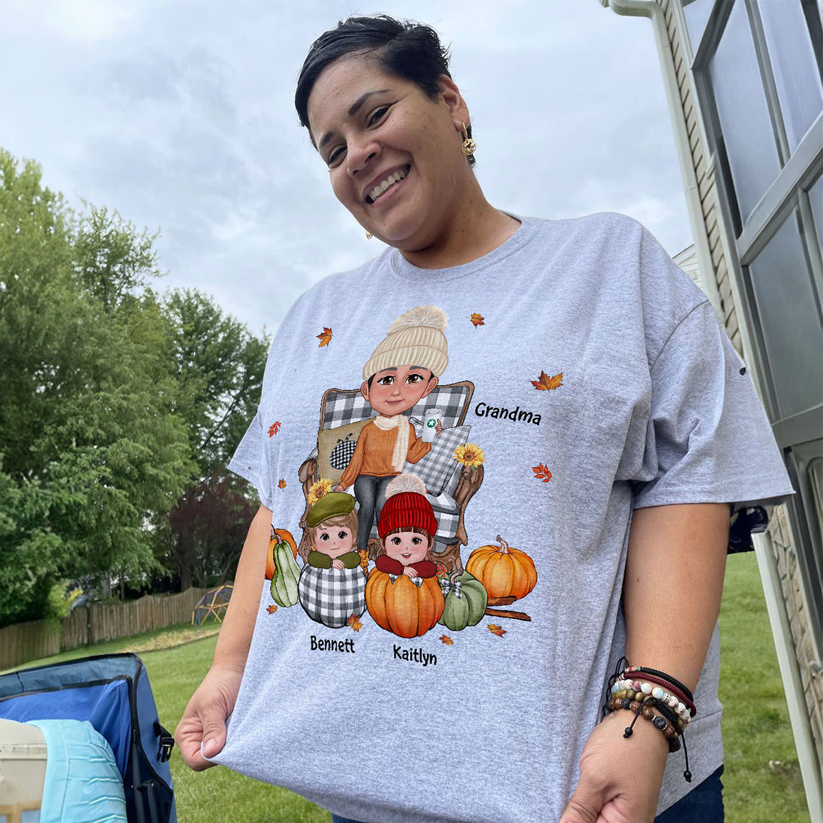 Grandma Sitting On Chair & Kids Pumpkin - Personalized Shirt