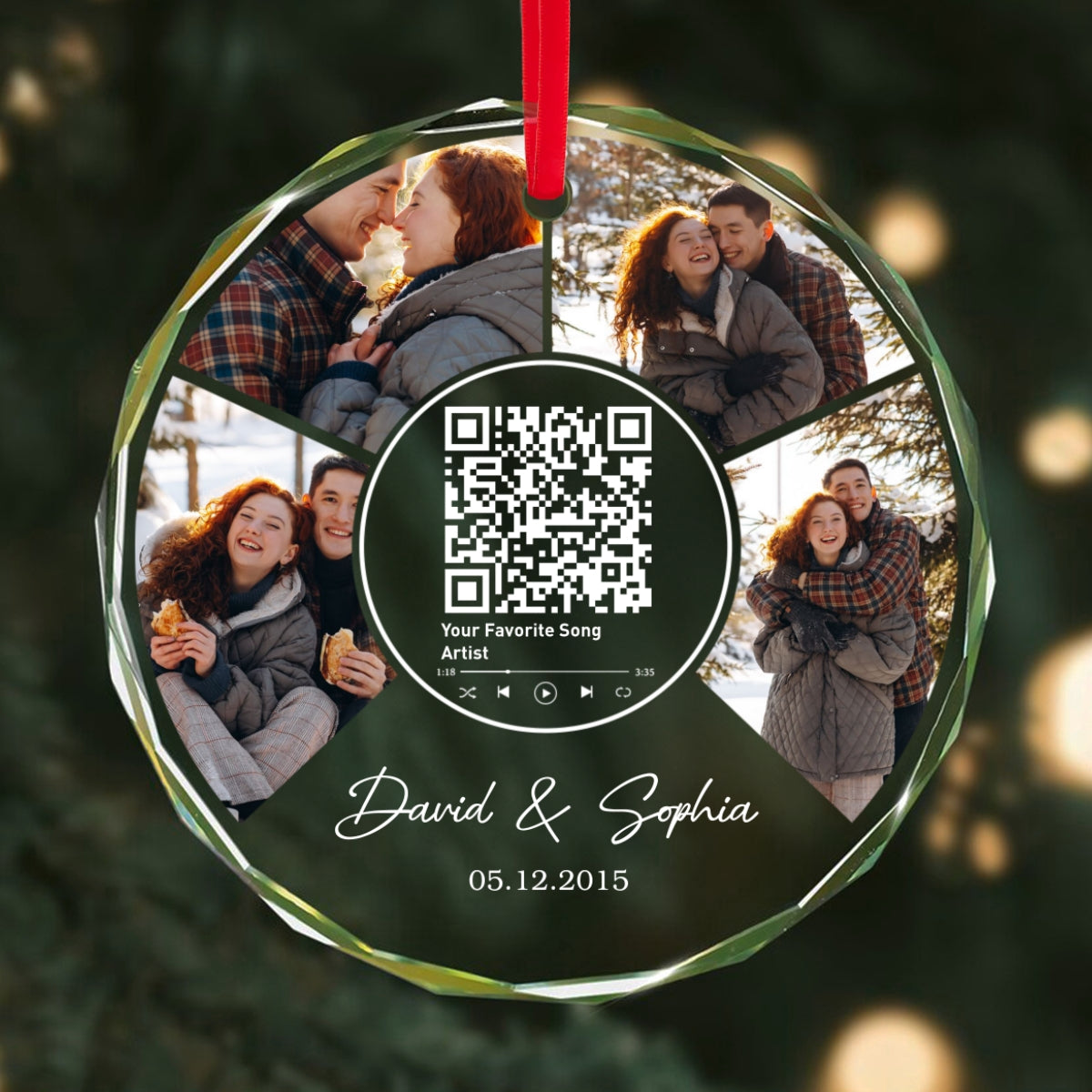 Couple Photo Custom Song Scannable QR Code, Personalized Glass Ornament